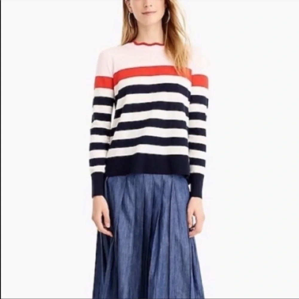 J. Crew L Scallop-Trimmed Pullover Sweater Stripe Merino Wool L1070 0652 Pink